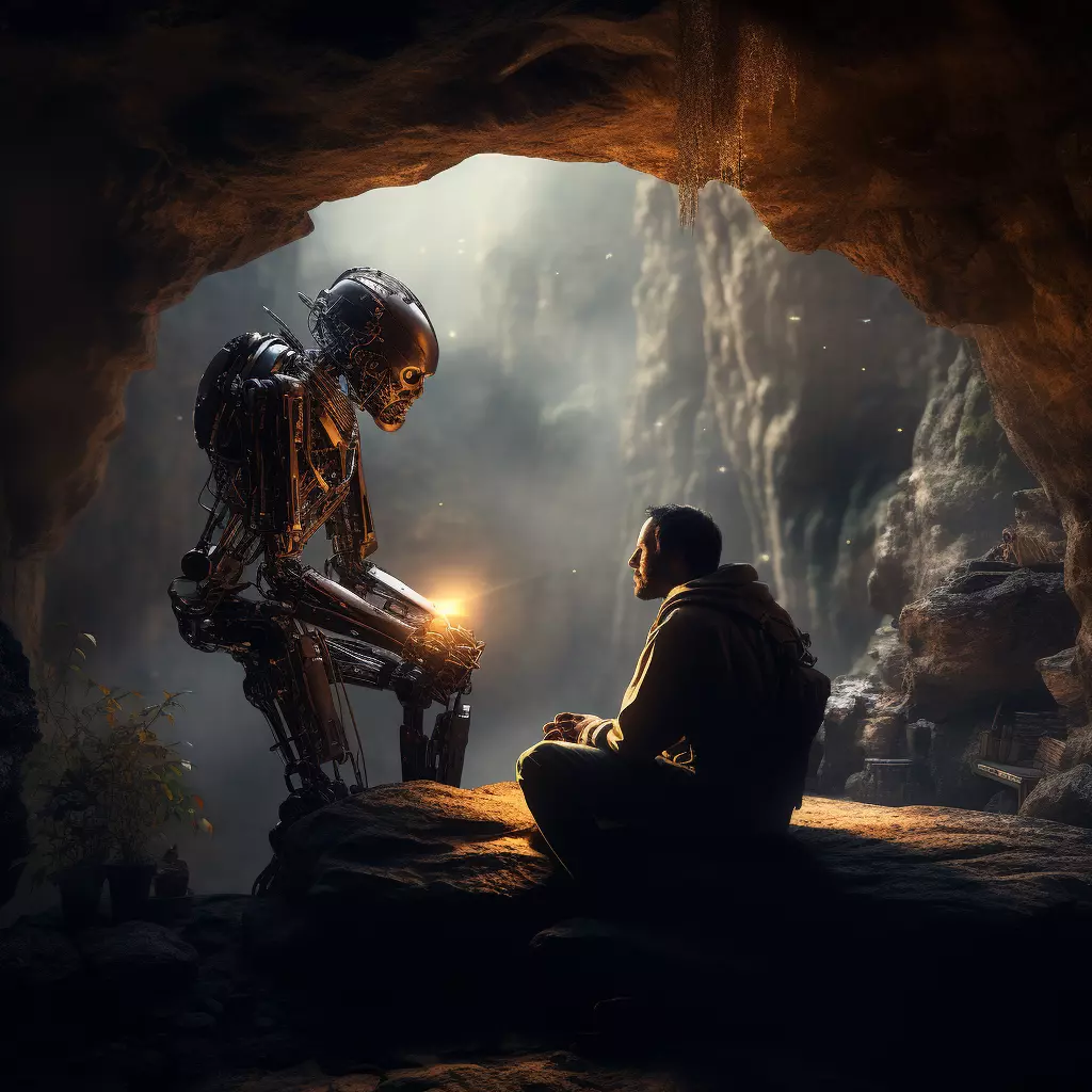 Image of a caveman meeting a robot AI